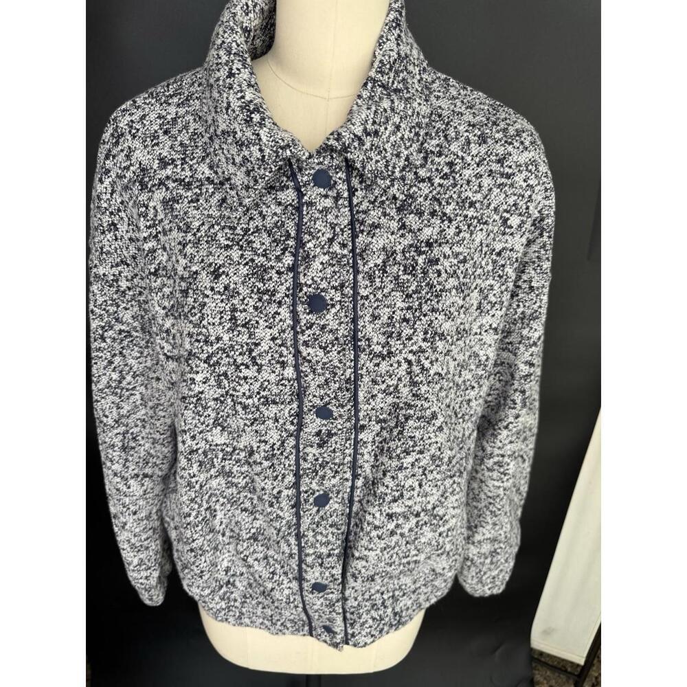 OFFLINE AERIE Boucle Jacket Cardigan Tweed Navy Faux Leather Trim Sz M - Picture 3 of 11